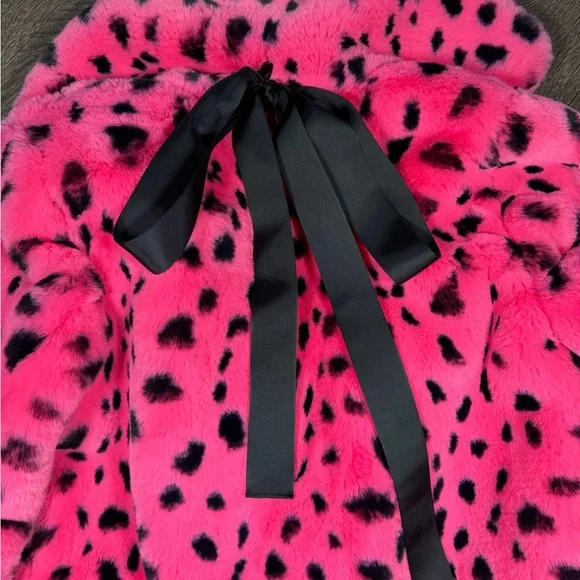 Lazy Oaf Hot Pink Faux Fur Pea Coat with Black Spot Print and Bow - Picture 9 of 9
